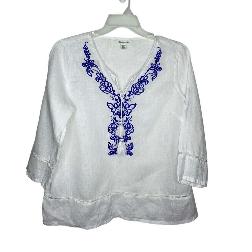 Artisan NY Womens Large White 100% Linen Floral Embroidered Tassel Tunic Top